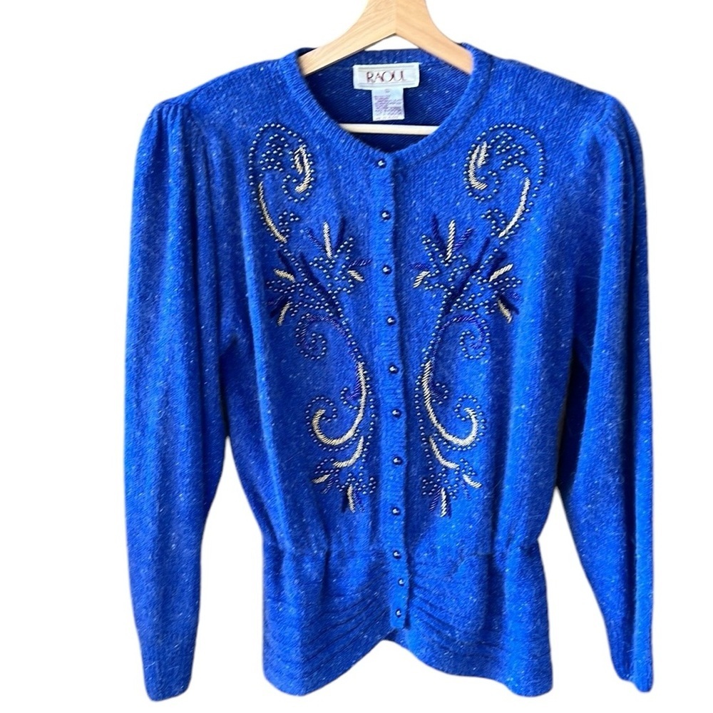 Raoul Vintage Sz L Periwinkle Blue Silk Angora Cardigan & Skirt Set Beaded